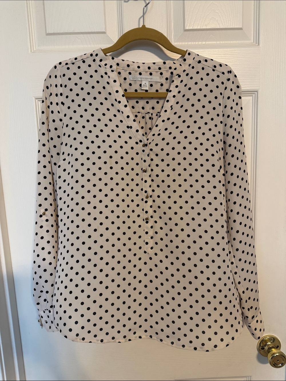 LC Lauren Conrad Cream Blouse with Black Polka Dots